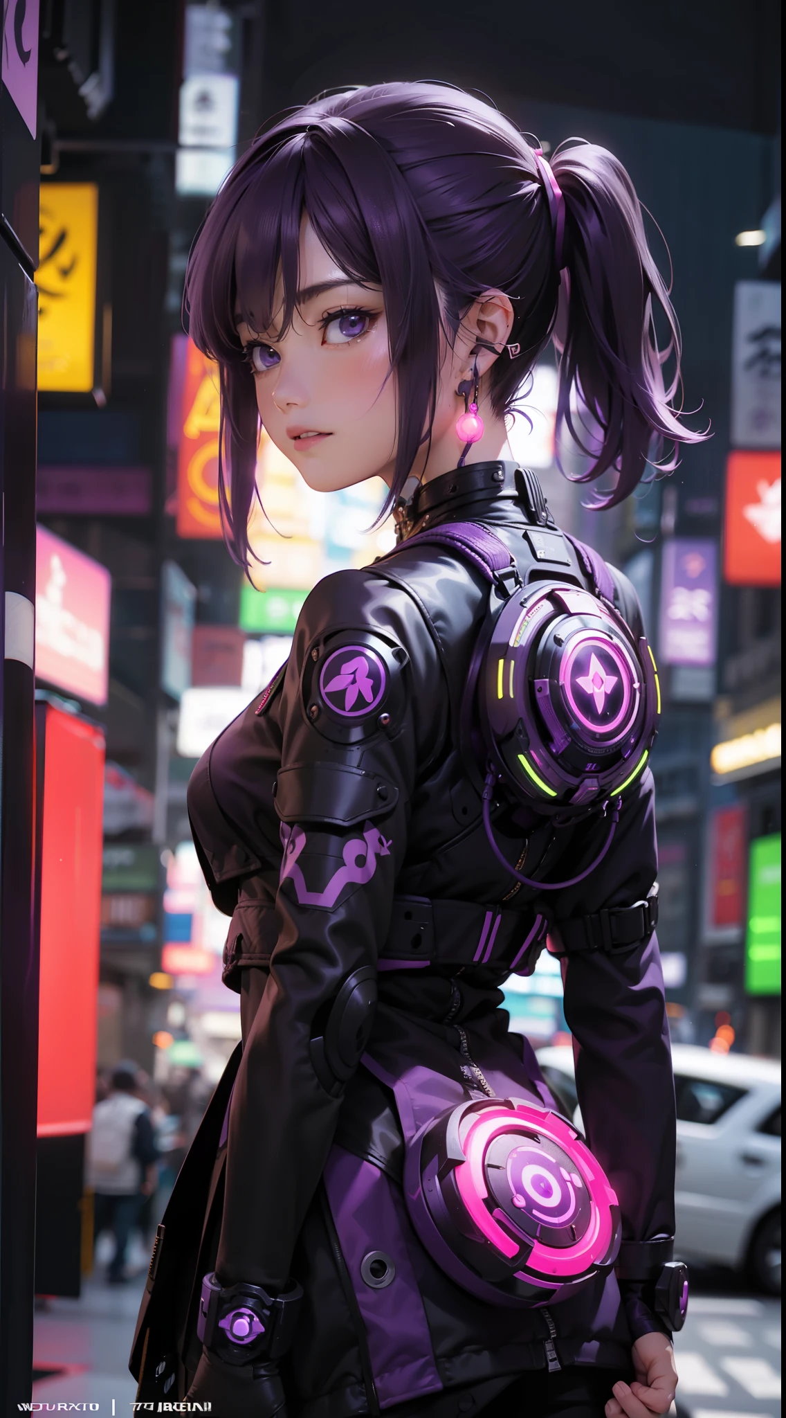 Detalles intrincados: 1.2, Ultra-detallado、1 girl, purple hair, Corte de cuenco corto, Ojos morados brillantes, (purple neon color:1.5), pechos grandes y llenos, glowing neon earrings, tatuajes corporales, Pulsera en mano、Movie Posters、Representa a una mujer joven como personaje central。She stands confidently in the center of the poster.,Usa un atuendo futurista cyborg de moda,(purple neon colorに輝くコスチューム:1.3),con expresiones decididas en sus rostroondo oscuro y granulado,There's a sense of crisis and a strong sense、Add drama and overall excitement。The color palette is dominated by dark colors,Salpicado de colores brillantes、Arte de la pantomima、Lenguaje corporal expresivo、silent storytelling、Gestos evocadores、Narrativas visualeondo ciudad Tokio cyberpunkAI colors:1.4),(neon glowing cyberpunk wall),organic,,(Vibrante, Foto realista, realista, dramatic, oscuro, foco nítido, 8k),,motor irreal:1.4,UHD,La mejor calidad:1.4, fotorrealista:1.4, textura de la piel:1.4, obra maestra:1.8,obra-prima, mejor calidad,(Beautiful and detailed eye description:1.4),(fondo ciudad Tokio cyberpunkAI apocalyptic colors:1.4),(piel real: 1.4,
( Perfect anatomy),(convexo, Dedos detallados )