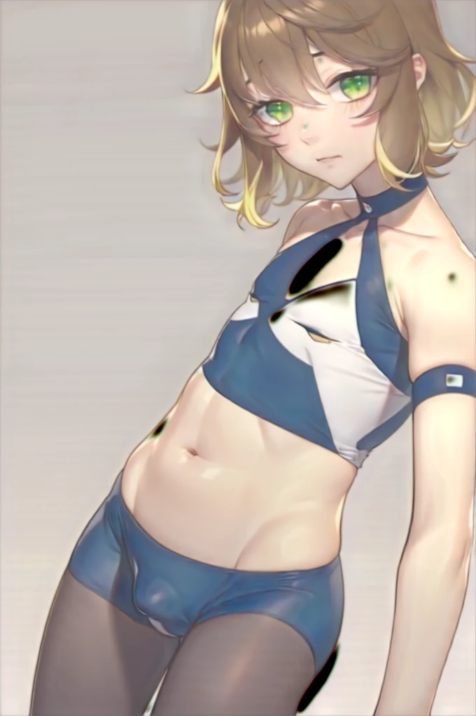 amicia michella - nijisanji, anime style, 1girl, brown short hair, yellow inner hair, wavy hair, green eyes, detailed eyes, crop top, midriff, girly face, blushed, seductive, wide hips, thick thighs, huge round ass, flat chested, (((full flat chest))), (((bulge))), full body, dynamic pose, office, absurdres, high res, ultrasharp, 8K, masterpiece, looking at viewer, CuteTraps