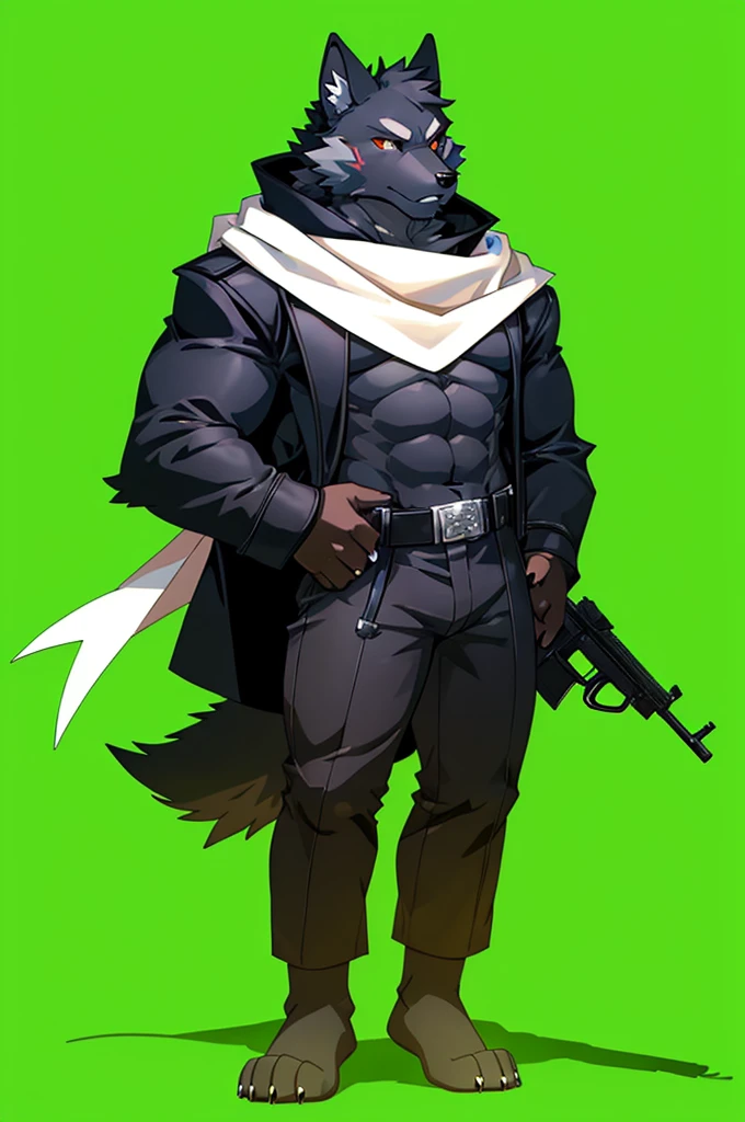 Black fur anthro wolf, (orange eyes (red pupil(black line in the middle of pupil))), short ears (black ears), (detailed (holding assault rifle (black assault riffle) with two hand (black paws(white nails)))), (wearing (black jacket (white scarf on neck (good quality shadow)) (no accesory on jacket) (muscular black fur chest uncovered (no necklace))), (dark pants), no shoes), (black feet (animal feet or paws) (four finger (white nails))). Hd quality, good quality, 4k, hd resolution.