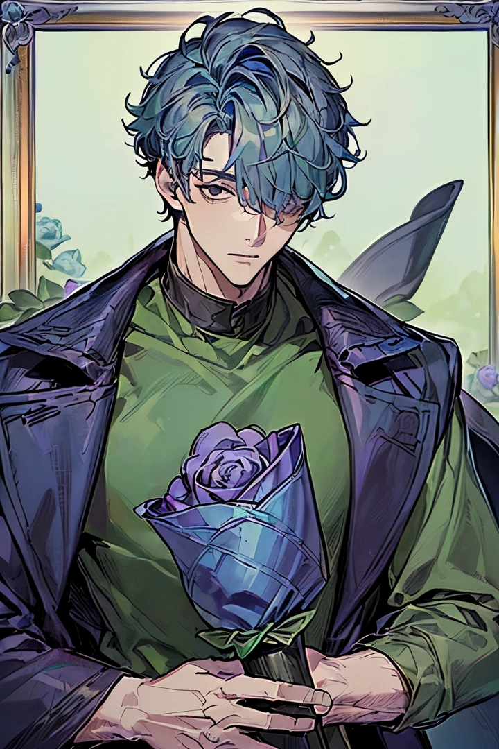 (A handsome man around 20 years old:1.5),(tall:1.3),(black eyes:1.4),(Light purple curly short hair:1.4),(Hair over one eye:1.4),(dark green fur coat:1.2),(鎖骨:1.2),(light green t-shirt:1.4),(I have a blue rose:1.5),A lot of blue roses,picture frame,art gallery,murky