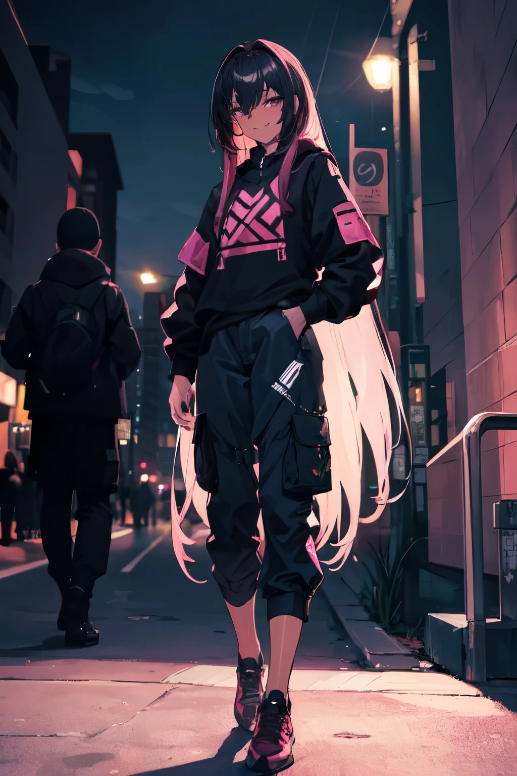 (masterpiece:1.4), 1girl, Streetwear,cargo pants, street, (masterpiece, best quality, highres, ultra detailed ), night, depth of field, absurdreasterpiece:1.4), ultra-detailed, 1girl, dark-skinned, stand up, black and pink, tattoo, long darkpink maroon wildly hair with white streaks, smirk