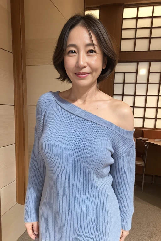 masutepiece, Best Quality, Photorealsitic, 4K, 日本人A MILF, (Solo), (((50 years old))), (Wrinkles at the corners of the eyes:1.5), (nasolabial folds:1.5), ((Large breasts)), (Saggy udder), A MILF, glamor, A sexy, Chromo-white skin, Wavy Longhair, Looking at Viewer, (((my skin is old))), ((muscles are old)), Super large udder, Knitted off-the-shoulder dresses, high-heels, ssmile, Public places,