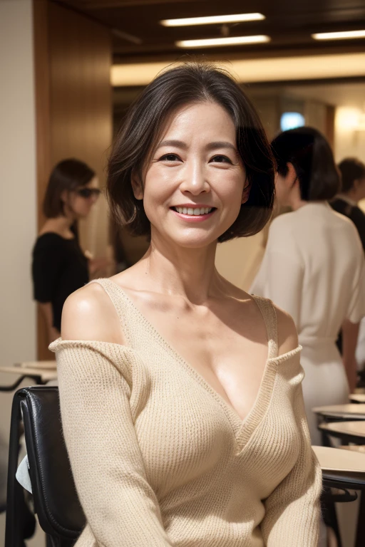 masutepiece, Best Quality, Photorealsitic, 4K, 日本人A MILF, (Solo), (((50 years old))), (Wrinkles at the corners of the eyes:1.5), (nasolabial folds:1.5), ((Large breasts)), (Saggy udder), A MILF, glamor, A sexy, Chromo-white skin, Wavy Longhair, Looking at Viewer, (((my skin is old))), ((muscles are old)), Super large udder, Knitted off-the-shoulder dresses, high-heels, ssmile, Public places,
