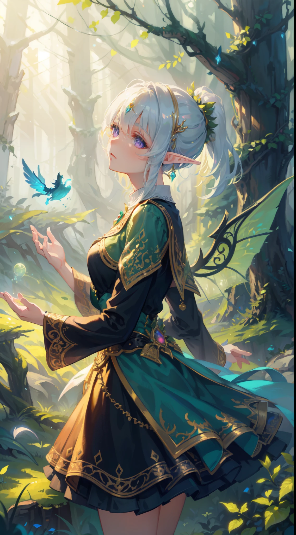 ((masterpiece, best quality)), (Exquisite art style: 1.2 + bright colors: 1.2), (HD wallpaper + ultra-high precision: 1.2), When you think of "elf wings", you will imagine a flowing, elegant elf girl, flying in the air, surrounding the woods and wilderness. Her wings can be white, gold, or silver-gray, shining. She can wear dresses, short skirts or blue silk. Surrounded by trees, flowers and small animals, it full of nature and magic. The theme "Wings of Elves" good at depicting brightly colored and detailed dreamy pictures, which lead people's imaginations infinitely to the world of and fantasy, BREAK, highly detailed of (elf), (1girl), perfect face,details eye, short hair, low ponytail, Blunt bangs, (hair between eye), white hair, violet eyes, fantasy art by Artgerm, by Kawacy, by Wadim kashin, BREAK, extremely detailed, dynamic angle, cowboyshot, the most beautiful form of chaos, elegant, a brutalist designed, vivid colours, romanticism,