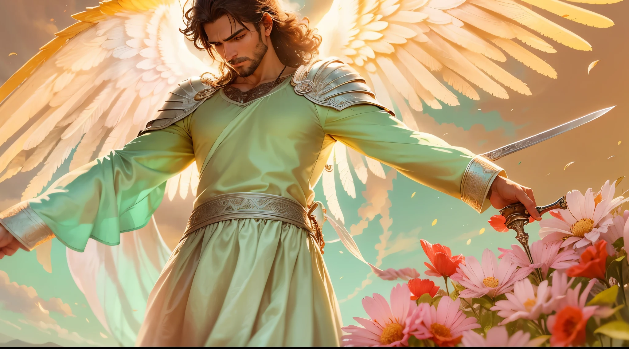 Closeup of an image a man angel with a large and long sword with attack position in the right hand, in the other left hand holding a scale, Angel dressed as a Roman soldier looking at the ground, arcanjo homem com asas grandes, o anjo da fortuna, perfeito, Realistic, Biblical setting, Biblical Paradise Setting, sol e nuvens ultras realistas, flores e velas, illuminated archangel of heaven, flores coloridas, velas acesas, roupas brancas e vermelhas, Velas incandescentes