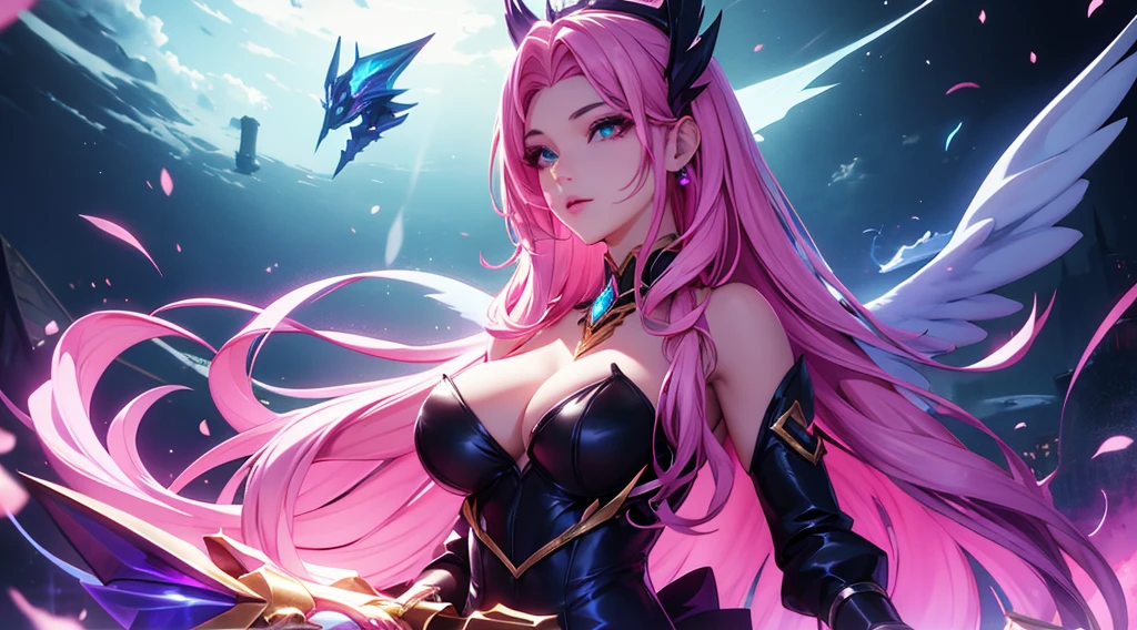 seraphine1, league of legends, pink hair, cleavage, digital illustration, vibrant colors, soft lighting, glowing effects, perfect face, glowing effects, absurdres, ultrasharp, 8K, long hair, black long dress, long veil, necromancer, purple effects, puffy dress, princess