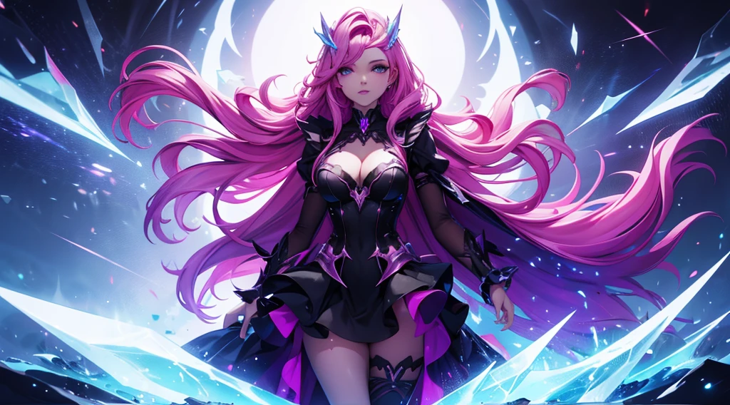 seraphine1, league of legends, pink hair, cleavage, digital illustration, vibrant colors, soft lighting, glowing effects, perfect face, glowing effects, absurdres, ultrasharp, 8K, long hair, black long dress, long veil, necromancer, purple effects, puffy dress, princess