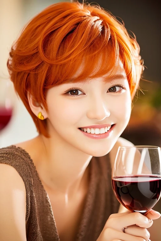 short-cut Digital Perm Orange hair color Smile with a glass of wine next to your face