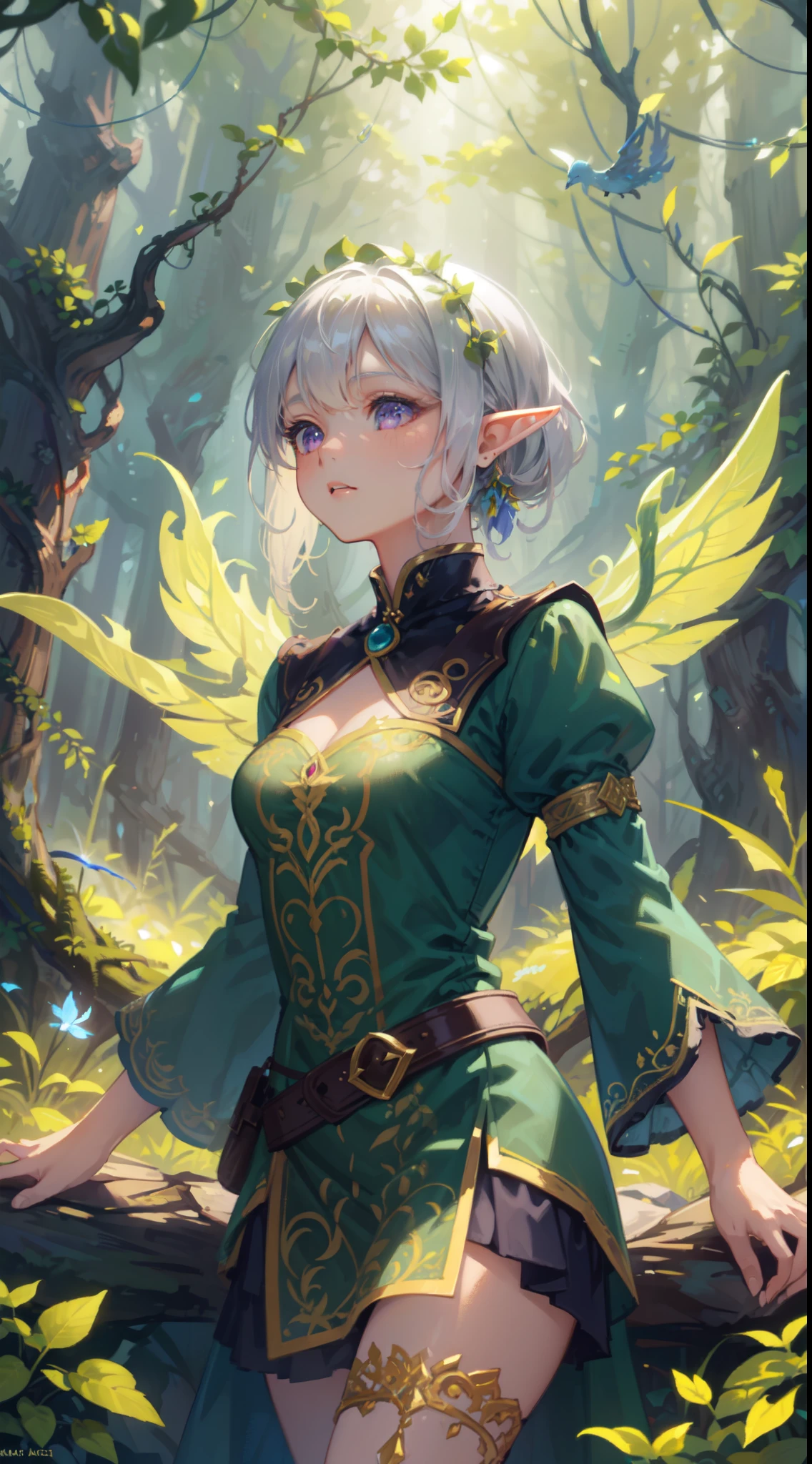 ((masterpiece, best quality)), (Exquisite art style: 1.2 + bright colors: 1.2), (HD wallpaper + ultra-high precision: 1.2), When you think of "elf wings", you will imagine a flowing, elegant elf girl, flying in the air, surrounding the woods and wilderness. Her wings can be white, gold, or silver-gray, shining. She can wear dresses, short skirts or blue silk. Surrounded by trees, flowers and small animals, it full of nature and magic. The theme "Wings of Elves" good at depicting brightly colored and detailed dreamy pictures, which lead people's imaginations infinitely to the world of and fantasy, BREAK, highly detailed of (elf), (1girl), perfect face,details eye, short hair, low ponytail, Blunt bangs, (hair between eye), white hair, violet eyes, fantasy art by Artgerm, by Kawacy, by Wadim kashin, BREAK, extremely detailed, dynamic angle, cowboyshot, the most beautiful form of chaos, elegant, a brutalist designed, vivid colours, romanticism,