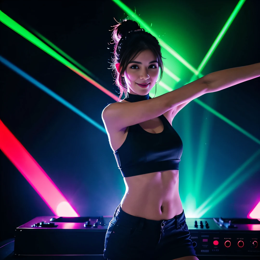 DJ femenina, vestido corto, energetic, self-assured, Ambiente de fiesta, tocadiscos, auricular, sensual pose, colores vibrantes, Neon lights, Efecto humo, Multitud bailando, Manos en el aire, etapa, Mix music, Mirada fuerte, Sonrisa encantada, Bajas de graves, techno music, Ambiente de club, Laser light, Strobe, scenic light, dynamic  pose, fist pump, Habilidades de DJ expertas