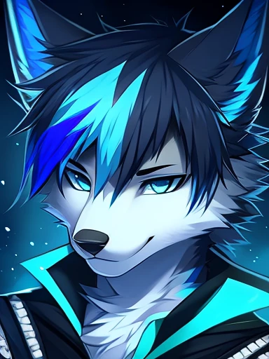 anime wolf with blue eyes:1.4, blue hair:1.5, fursona art, furry character portrait, Furry Wolf, very very beautiful Furry art, fursona fursona, Furry art, Furry art!!!, Fursona!!!!, den guy of wolf, furry character, with blue fur and blue eyes, Fursona Wolf, Bright blue eyes, Furry digital art, Angiewolf, Portrait of anthro Male cyan and white furry wolf, blue eyes, large straight cyan hair, Cyan hair with white highlights:1.3, white ears, Gothic coat, highly detailed hair, highly detailed eyes, blue eyes, highly detailed facial features, highly detailed night scenery, highly detailed gothic digital art
