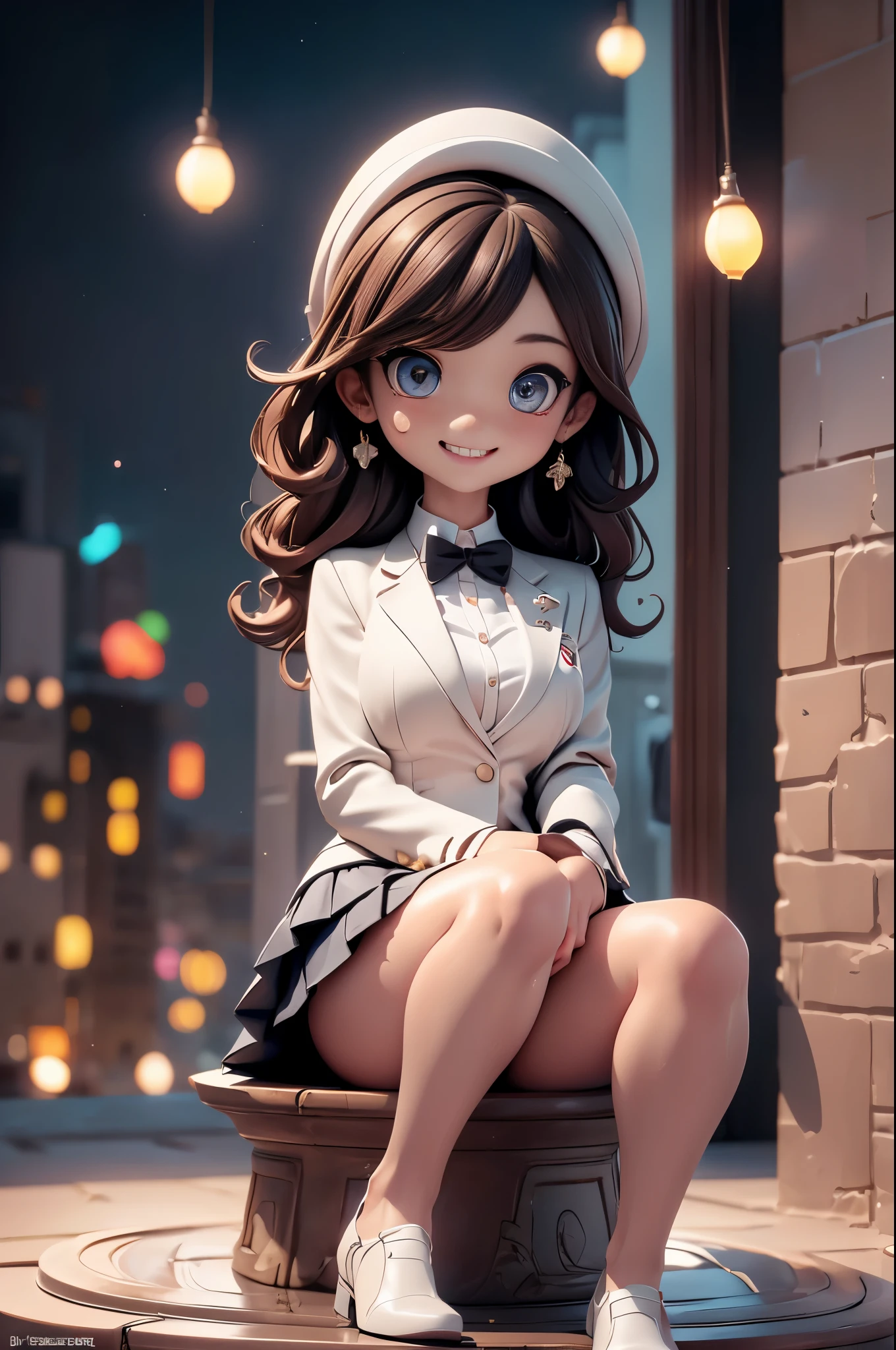 (Surreal)、(lamplight)、(A high resolution)、(8K)、(The content is very detailed)、(Best Best Illustration)、(beautidful eyes)、(quality)、(ultra - detailed)、(tmasterpiece)、(wall-)、(A detailed的the face)、独奏、1 girl in、looking at viewert、Fine and detailed、A detailed的the face、In the darkness of the night、Depth shadows、low pitch、purebred face_v1、A smile、long、Black shawl straight hair、46 points oblique bangs,female student、(White Laser Bust Jacket)、Translucent white shirt、red bowtie、(Brightly colored mini skirt,What about the lattice)、A smile,8K, Best quality at best, hyper HD, On a table, actual, realistically, hight contrast, フォトンマッピング, Authentic images, super detailing, low angles: 1.5, 1 girl, Alone: 1.5, Full body lesbian, Evening concert venue stage: 1.5, pop star, Kaibo idol, dress up like k-pop, sexy for, Open your legs forward, Fancy makeup, blazer jacket: 1.3, short skirt: 1.3, blazer jackets and skirts, M-shaped open legs: 1.3, Open your legs 180 degrees, with an open crotch: 1.3, long hair with brown hair, wet white: 1.5, You can see it from under the skirt: 1.3,