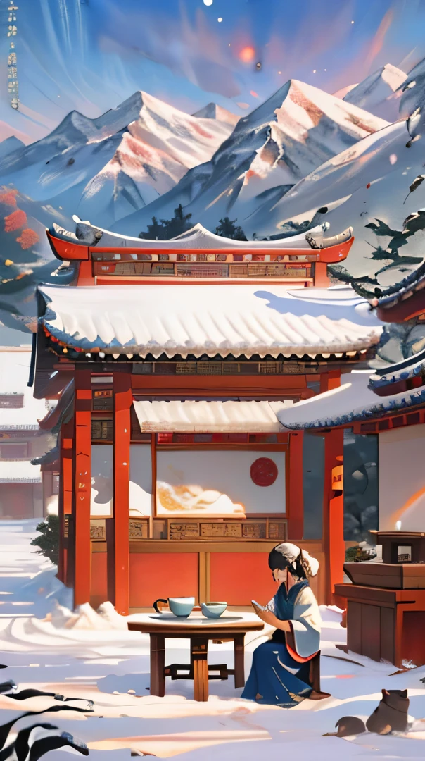 There is a plum tree in front,There is a stone table under the tree. There is a stove for tea and a small teapot on the table,., low-rise buildings in china,Snow-capped mountains in the background,Inspired by Ma Yuanyu, A beautiful artistic illustration, Central Plains Universe, Inspired by Xiao Yuncong, Artistic cover, chinese painting style, inspired by Huang Gongwang, chinese watercolor style, Poster illustration, inspired by Zhang Zongcang