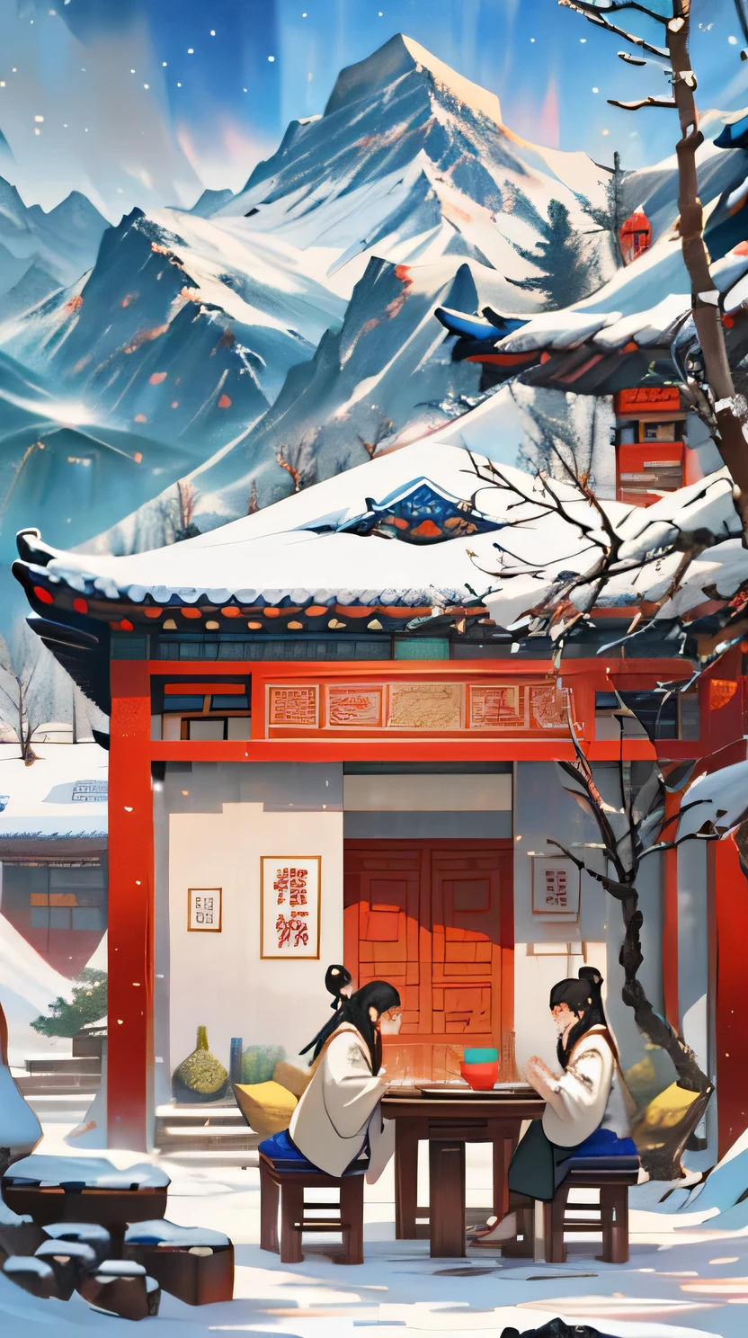 There is a plum tree in front,There is a stone table under the tree. There is a stove for tea and a small teapot on the table,., low-rise buildings in china,Snow-capped mountains in the background,Inspired by Ma Yuanyu, A beautiful artistic illustration, Central Plains Universe, Inspired by Xiao Yuncong, Artistic cover, chinese painting style, inspired by Huang Gongwang, chinese watercolor style, Poster illustration, inspired by Zhang Zongcang