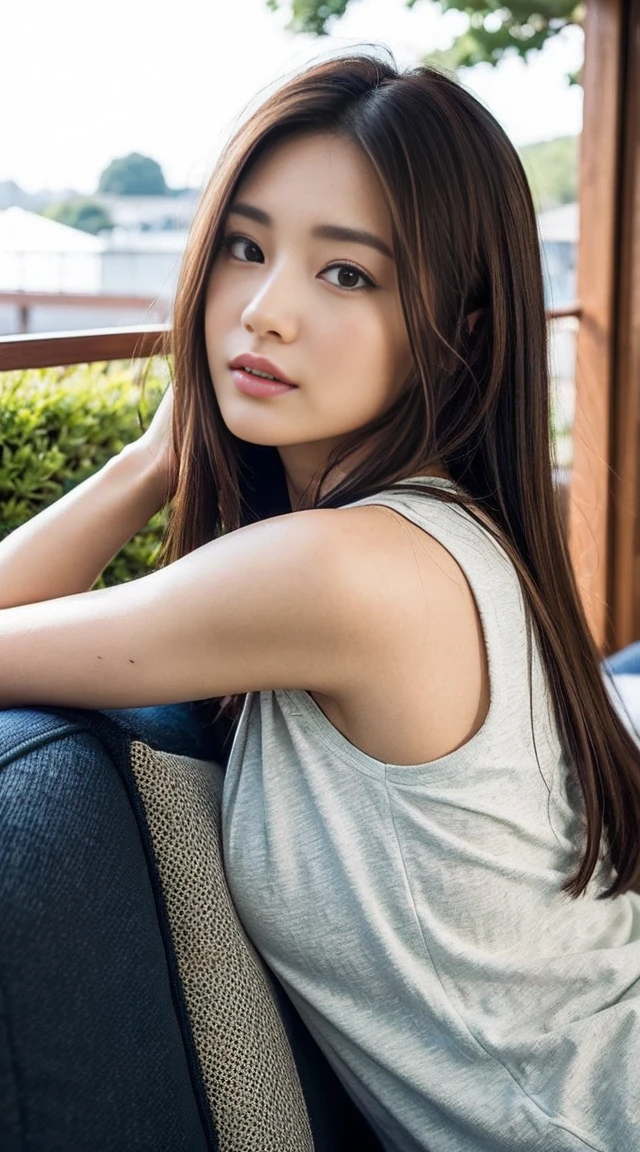 dark brown hair、Light brown eyes、The face of the Japan actress、 Lady、looks like him'i'i'i'i'i'i'i'i'おっぱi'I'm about 40 years old、(intricate-detail:1.2)、(top-quality:1.4)、 (超A high resolution:1.2)、超A high resolution、(A detailed eye)、(detailed facial features)、nffsw、8K resolution、D-cup size breasts、length hair、i'i'i'i'i'i'i'おっぱi'm sitting comfortably on a sofa on the quiet terrace of a cafe..、Relaxing、Leaning on the backrest、brack sports wear、少しだけセクシーなsports wear、Leisure Wear