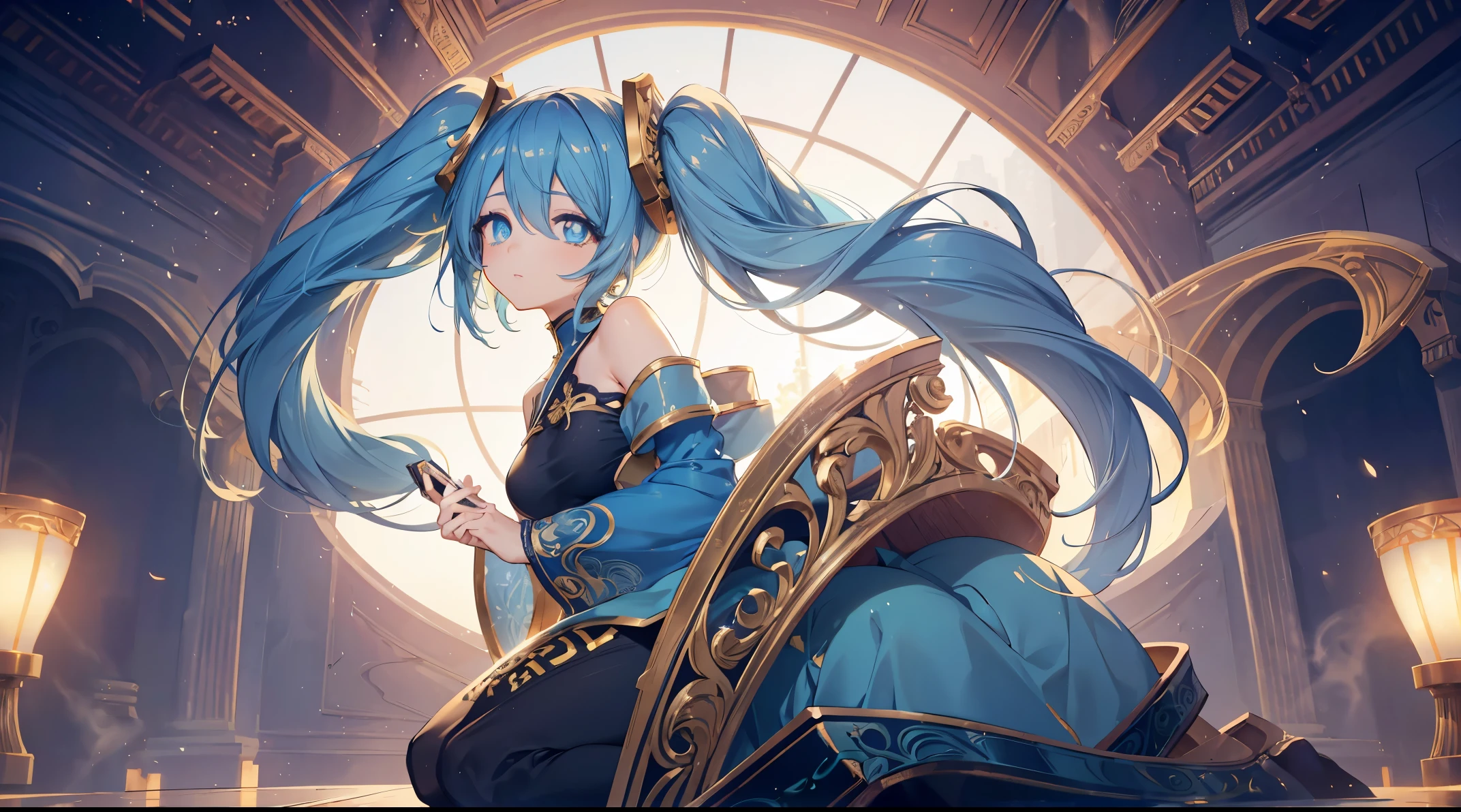 a anime girl playing her piano on a stage filled with dreamy stars and beautiful lights, ((4k, masterpiece, top-quality)),8k, best quality, (((piano))), high resolution, HD, unity 8k wallpaper, (illustration:1.4), (beautiful detailed eyes:2.0), extremely detailed face, perfect lighting, extremely detailed CG, (perfect hands, perfect anatomy), super complex details, intricate details, very long hair, bangs, 1 girl, (((solo)))sona \(league of legends\), blue hair, blue eyes, blue dress, gradient hair, twintails, hair ornament, stage,
