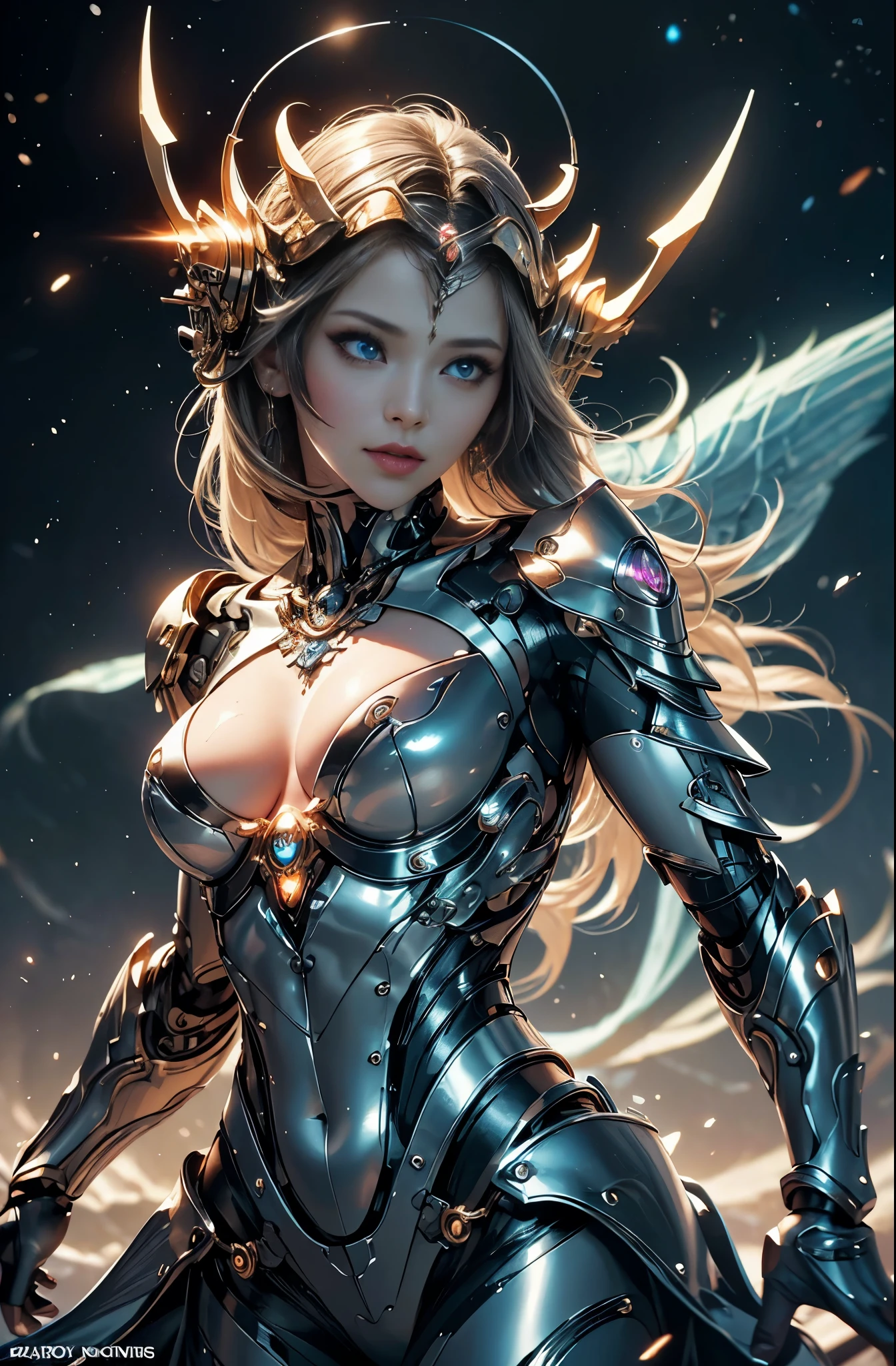 intricate ornate anime cgi style, super detailed fantasy characters, 4K highly detailed digital art, karol bak uhd, cyborg goddess in cosmos, beautiful digital works of art, 2. 5 d cgi anime fantasy artwork, Goddess. extremely high detail, portrait of cyborg queen, extremely detailed goddess shot, Half body machine, Inorganic, Next generation high performance cyborg, Goddess of Machines, The perfect cyborg, ultimate replicant, A masterpiece created by ultra-high performance AI, Final weapon, Best Quality, Perfect Angle, perfect-composition, sharp outline, Best Shots, perfect shapes, perfect model style, Very beautiful and detailed eyes, Hollow eyes, blue eyes without pupils