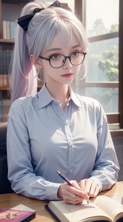 Best quality at best,tmasterpiece,Extremely Delicately Beautiful,The content is very detailed,CG,gatherings,8k wallpaper,An Astonishing,depth of fields,A 10-year-old Chinese girl,Very cute look,delicate skin,Flawless Face,plain face,white color hair,Long gray hair,high ponytails,There are two strands of white hair on both sides of the ears,Wear pink hair accessories,Eye color is sea blue,Elaborate Eyes,Wear bare-breasted half-rimmed glasses, Eyes sparkle,thinking face (Wear button-down shirts, small), sitting down, Learn,intermittently, lying on the table, get a pencil, opened book, glass of milk, table light, during night,in library, wall decorate, Mini library, glass window, wall clock, intermittently, 电影灯光, realistically, tmasterpiece, Best quality, Complex CG, The face is very detailed, High detail eyes