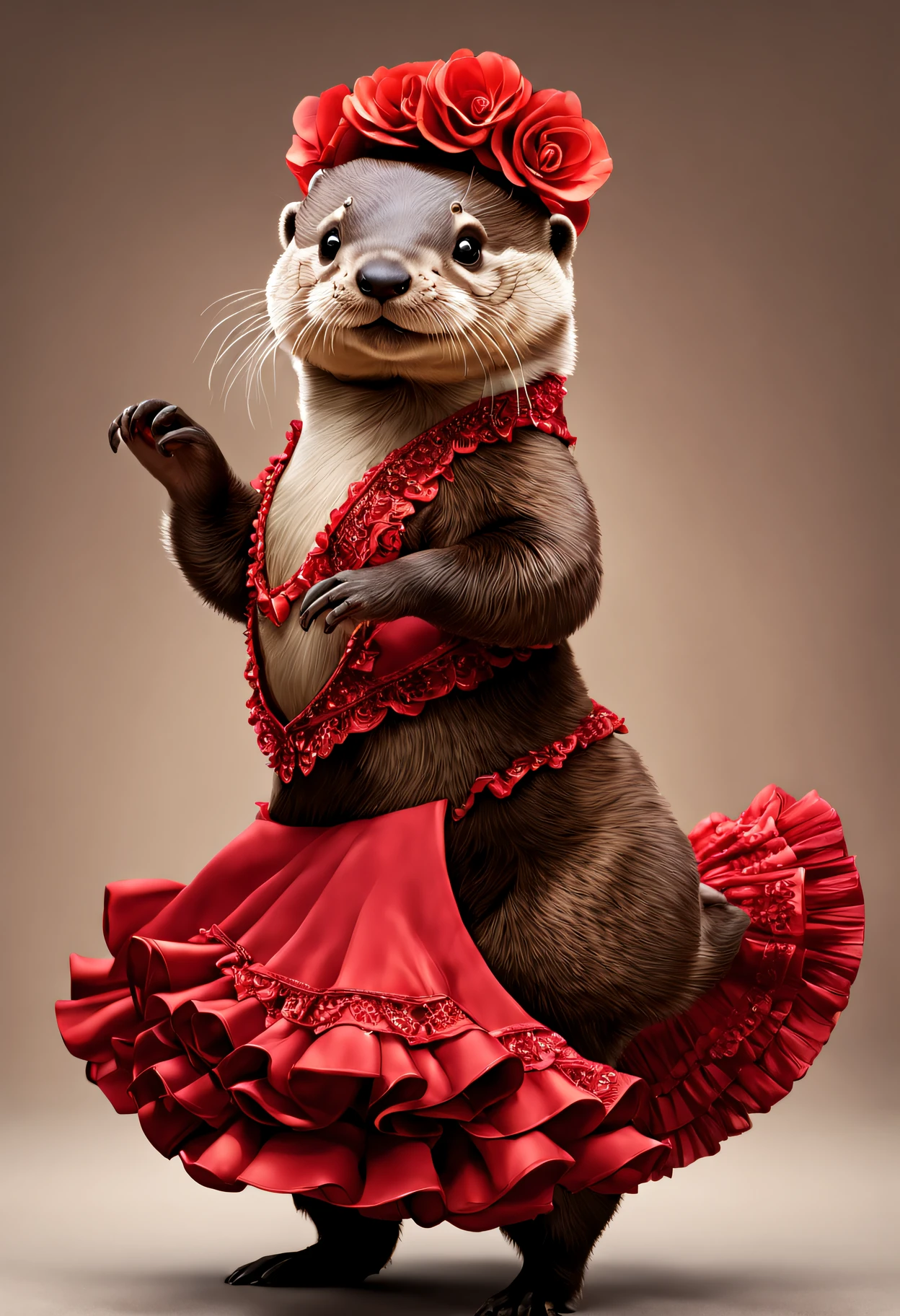 photorealistic portrait of Dressed animals - a fat baby otter flamenco dancer,( flamenco action posing), high quality,(lovely) ,intricate details, highly detailed ((flamenco costume)) ,highly detailed dress,, (happy), studio lighting,(full body image:1.5)
