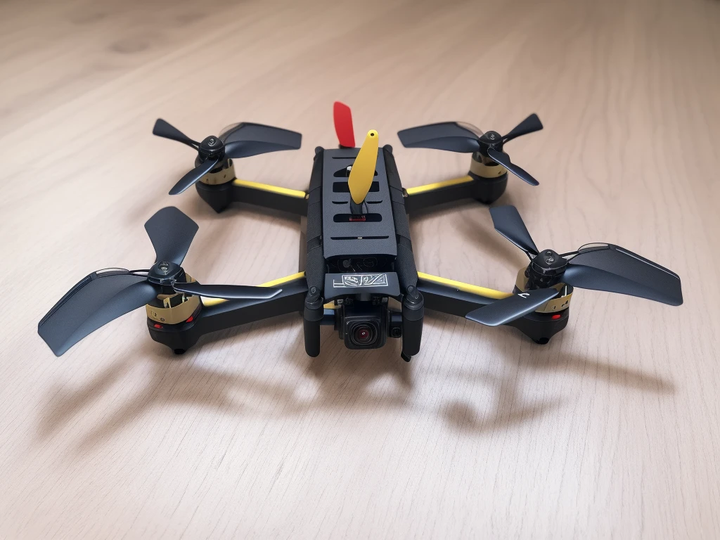 there is a small black drone with propellers on a wooden table, detailed wide shot, a wide full shot, close up shot from the top, micro pov, cinematic view from lower angle, fpv, high angle close up shot, it has six thrusters in the back, reaver drone, top - view, top view, drone, cinematic front shot