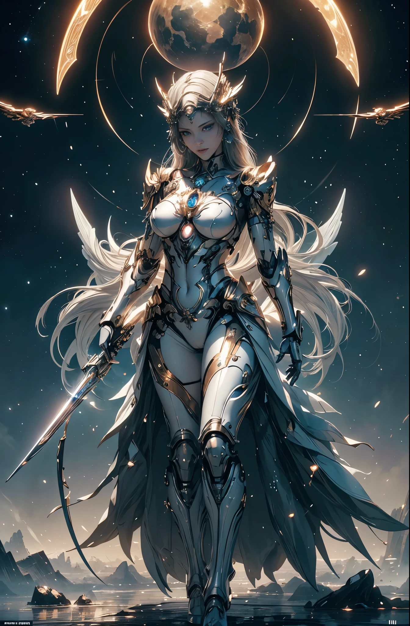 intricate ornate anime cgi style, super detailed fantasy characters, 4K highly detailed digital art, karol bak uhd, cyborg goddess in cosmos, beautiful digital works of art, 2. 5 d cgi anime fantasy artwork, Goddess. extremely high detail, portrait of cyborg queen, extremely detailed goddess shot, Half body machine, Inorganic, Next generation high performance cyborg, Goddess of Machines, The perfect cyborg, ultimate replicant, A masterpiece created by ultra-high performance AI, Final weapon, Best Quality, Perfect Angle, perfect-composition, sharp outline, Best Shots, perfect shapes, perfect model style, Very beautiful and detailed eyes, Hollow eyes, blue eyes without pupils