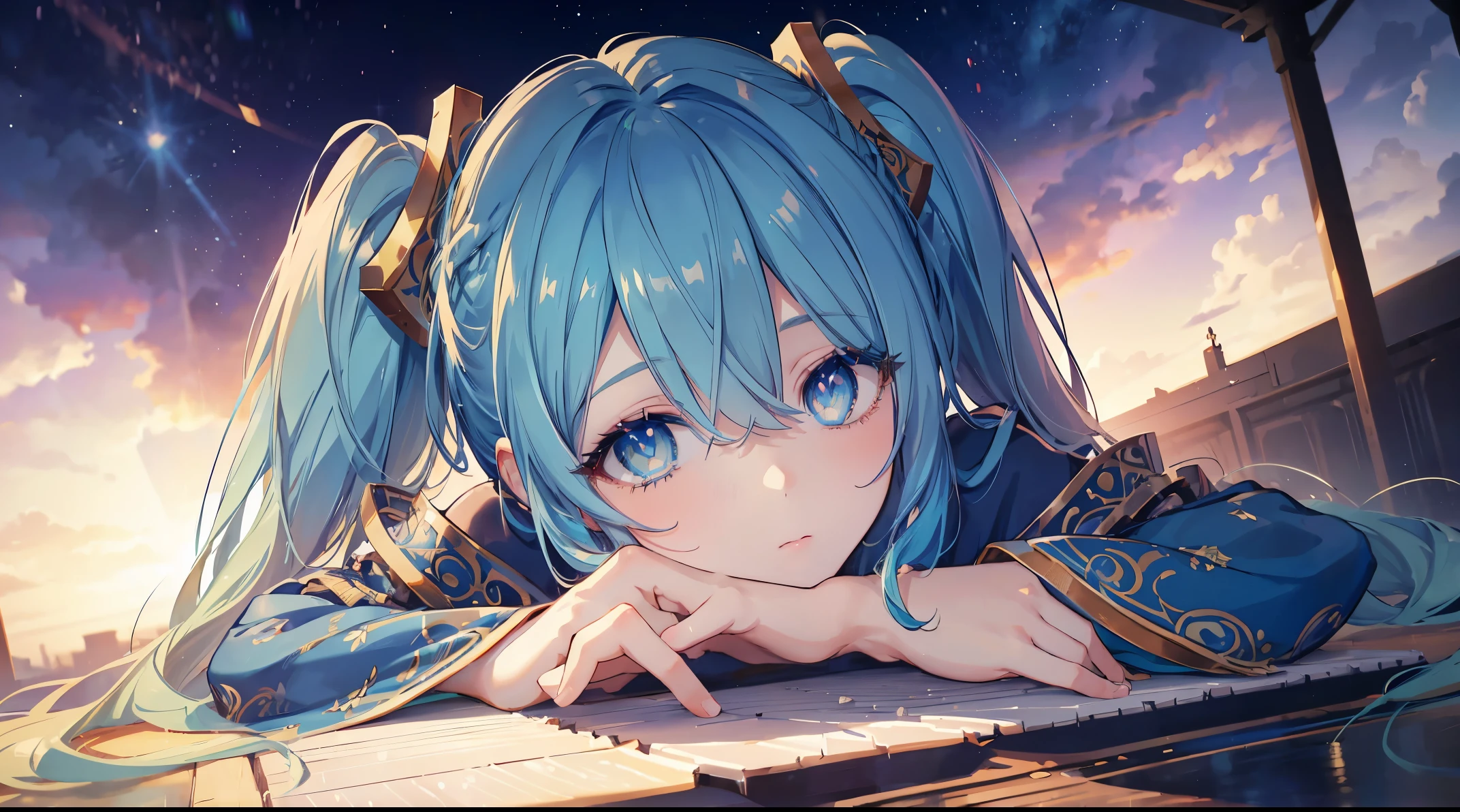 a anime girl playing her piano on a stage filled with dreamy stars and beautiful lights, ((4k, masterpiece, top-quality)),8k, best quality, (((piano))), high resolution, HD, unity 8k wallpaper, (illustration:1.4), (beautiful detailed eyes:2.0), extremely detailed face, perfect lighting, extremely detailed CG, (perfect hands, perfect anatomy), super complex details, intricate details, very long hair, bangs, 1 girl, (((solo)))sona \(league of legends\), blue hair, blue eyes, blue dress, gradient hair, twintails, hair ornament, stage,