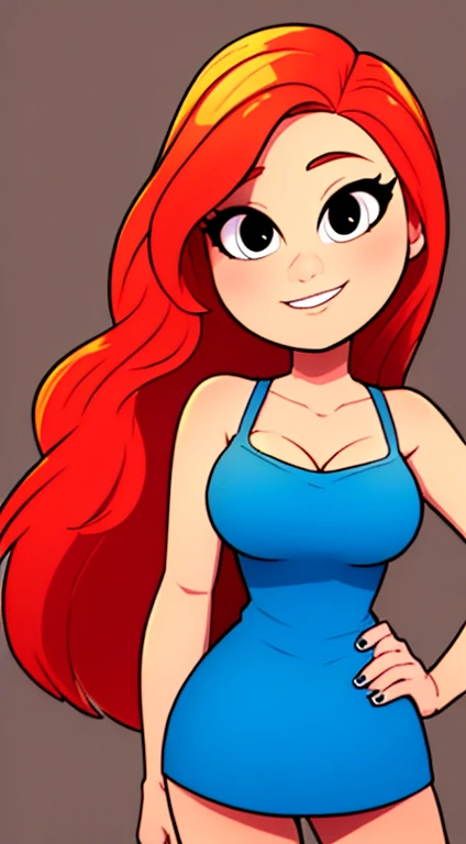 Chelsea Van Der Zee, Masterpiece, High Quality, Red Hair, Long Red Hair, Black Eyes, Beautiful Face, ager, Little Blue Dress, Short Dress, Large Breast, Seductive, Smile, Simple Background.