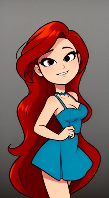 Chelsea Van Der Zee, Masterpiece, High Quality, Red Hair, Long Red Hair, Black Eyes, Beautiful Face, r, Little Blue Dress, Short Dress, Large Breast, Seductive, Smile, Simple Background.