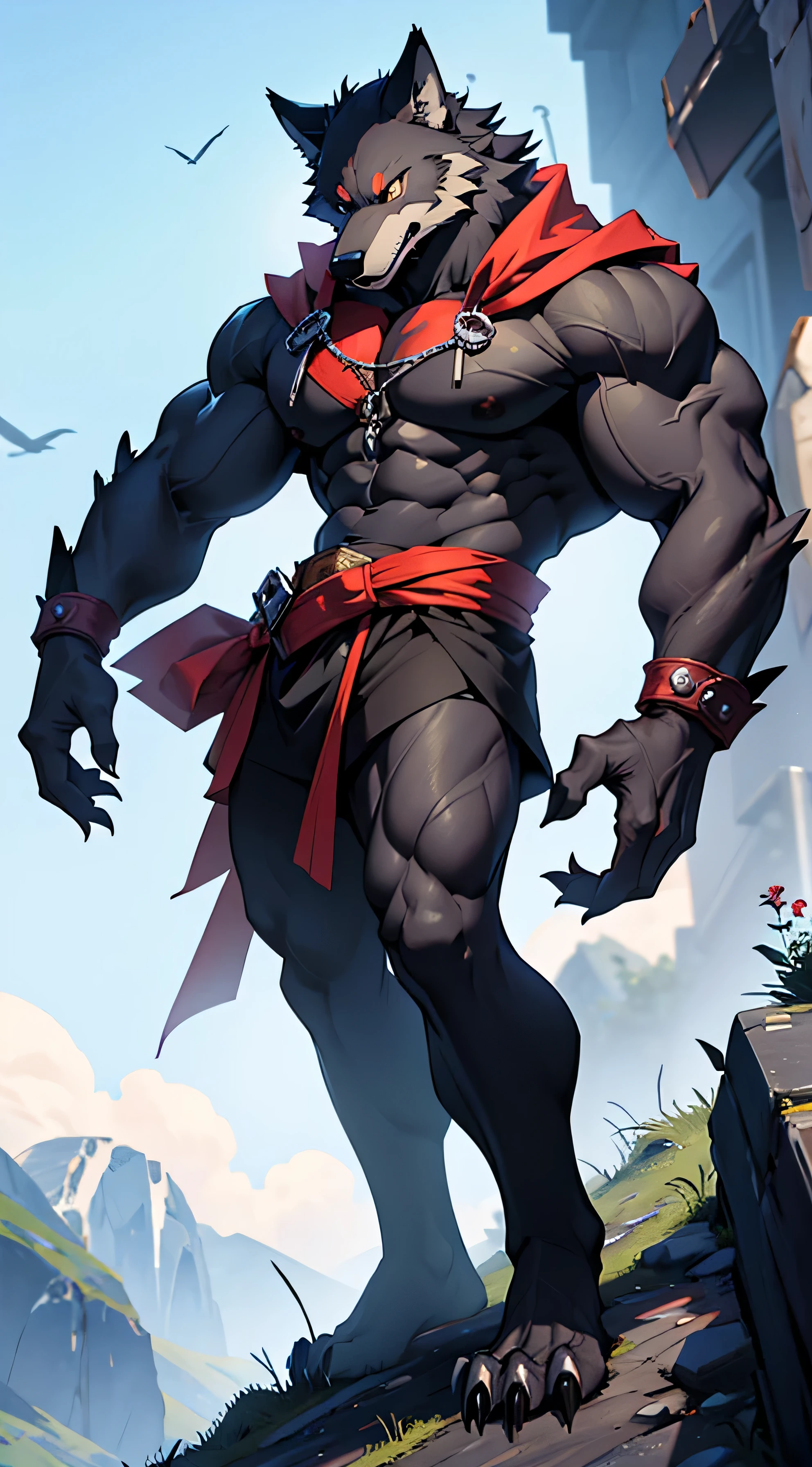 (Best Quality, 4k, 8K, high resolucion, Masterpiece:1.2), Short, Short 다리를 가진 털복숭이 늑대 괴물., The whole body is covered with fur, wolf standing on two feet, large claws on front feet, There is hair all over the body, Side posture