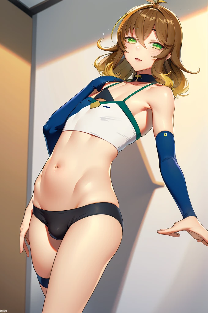 amicia michella - nijisanji, anime style, 1girl, brown short hair, yellow inner hair, wavy hair, green eyes, detailed eyes, crop top, midriff, girly face, blushed, seductive, wide hips, thick thighs, huge round ass, flat chested, (((full flat chest))), (((bulge))), full body, dynamic pose, office, absurdres, high res, ultrasharp, 8K, masterpiece, looking at viewer, CuteTraps