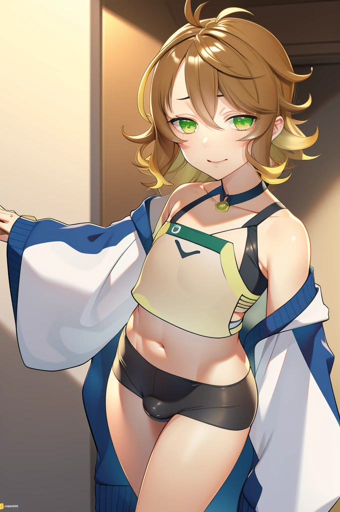 amicia michella - nijisanji, anime style, 1girl, brown short hair, yellow inner hair, wavy hair, green eyes, detailed eyes, crop top, midriff, girly face, blushed, seductive, wide hips, thick thighs, huge round ass, flat chested, (((full flat chest))), (((bulge))), full body, dynamic pose, office, absurdres, high res, ultrasharp, 8K, masterpiece, looking at viewer, CuteTraps
