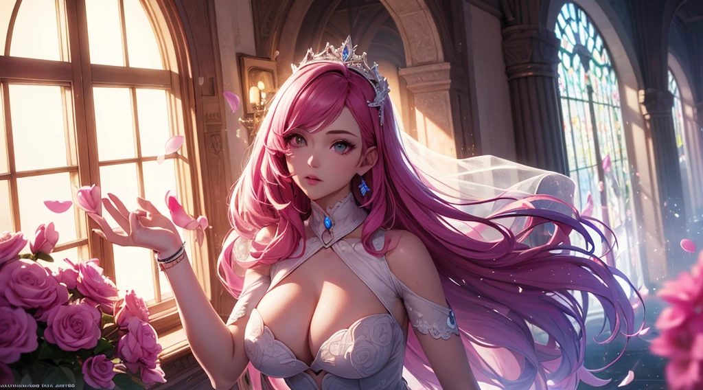 seraphine1, league of legends, pink hair, cleavage, digital illustration, vibrant colors, soft lighting, glowing effects, perfect face, glowing effects, absurdres, ultrasharp, 8K, long hair, bride dress, puffy dress, flowers, sakura flowers, petals, dynamic lighting, holy window, light from window