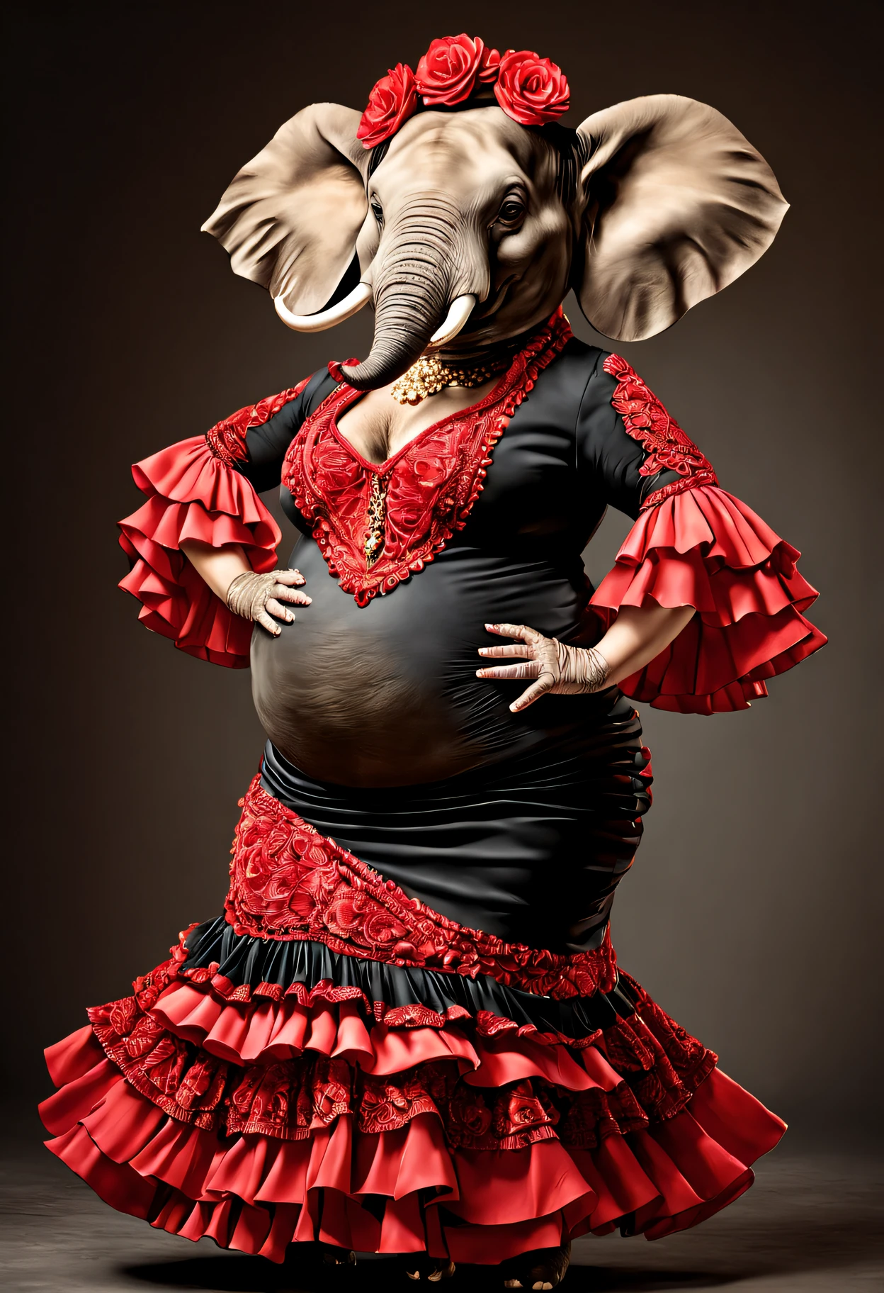 photorealistic portrait of Dressed animals - a ((fat)) elephant flamenco dancer, large head,(flamenco action posing),  high quality,(lovely) ,intricate details, highly detailed ((flamenco costume)) ,highly detailed dress,, (happy), studio lighting,(full body image:1.5)