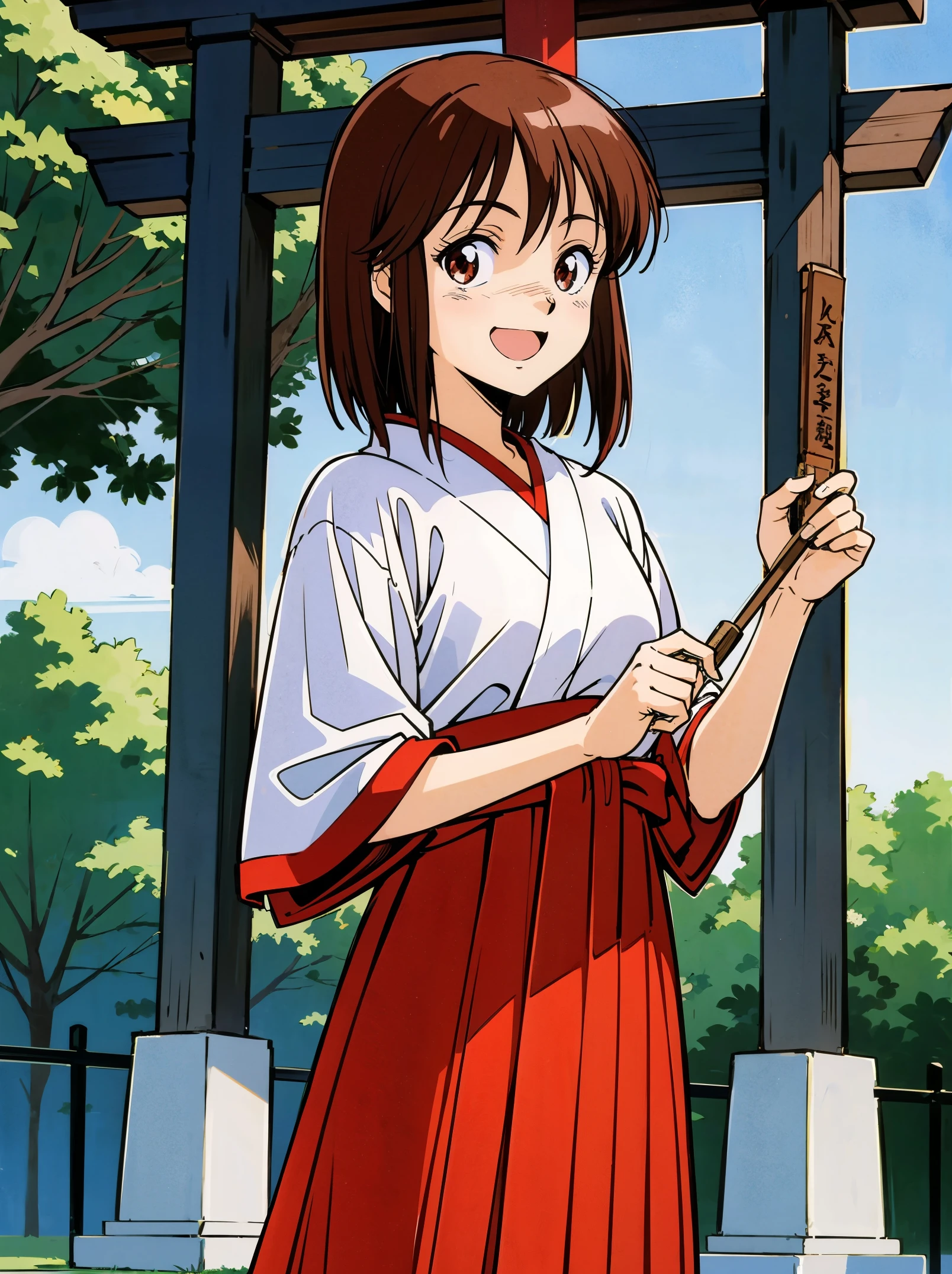 masutepiece,Best Quality,独奏で, Looking at Viewer,Smile,Open mouth, Noriko Takaya,1girl in, Medium Hair,Brown hair、One pretty girl、独奏、animesque、白いshrine maiden clothe、Red Hakama、shrines (shrine maiden clothe:1.3), (Red Hakama:1.3) Background with, Nature, Sun, skyporn, (Cowboy Shot:1.4),