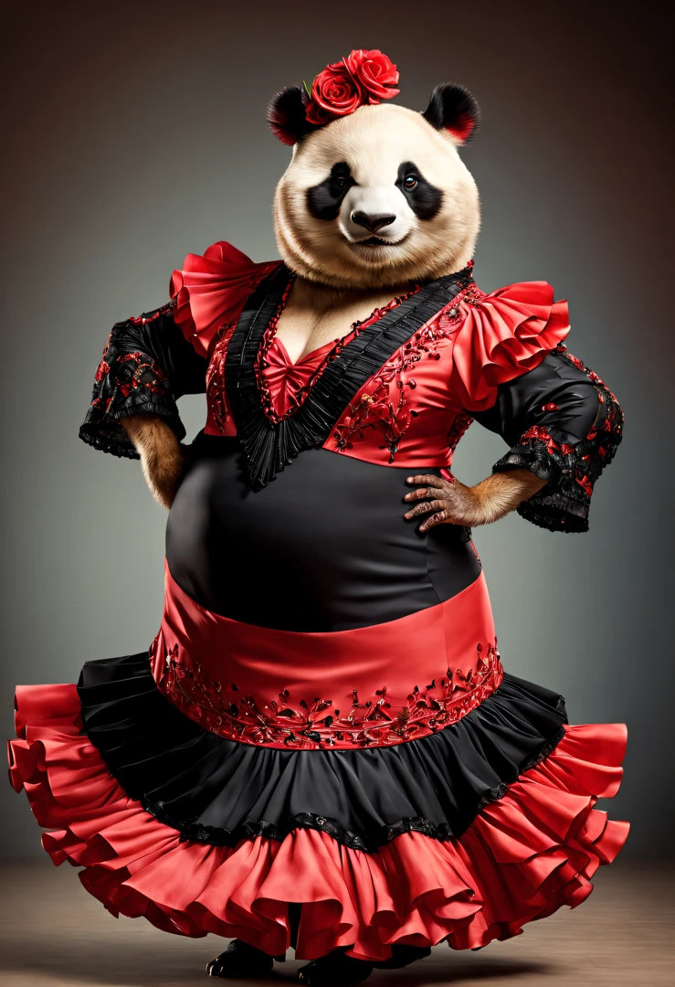 photorealistic portrait of Dressed animals - a fat panda flamenco dancer, large head,(flamenco action posing), high quality,(lovely) ,intricate details, highly detailed ((flamenco costume)) ,highly detailed dress,, (happy), studio lighting,(full body image:1.5)