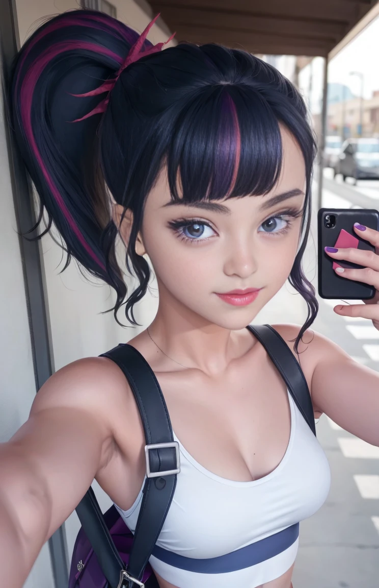 Chica con ropa de verano, Tiro superior,((Selfie)), cabello largo, fondo aleatorio, besar, Beautiful, senos grandes , pechos grandes , mirada coqueta, ((muy detallado)), (Cara perfectamente detallada), (Mano bien detallada), Imagen fotorrealista. , hermosa chica , 21yr old , lindo maquillaje , labios rojos , sombra de ojos azul , bolso a la moda , ojos color morado , pony tail , linda sonrisa