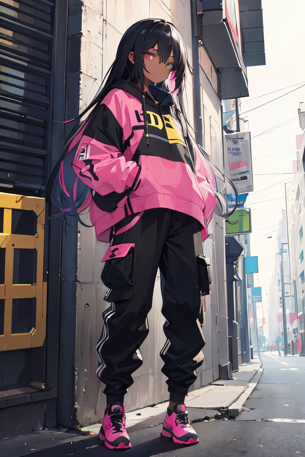 (masterpiece:1.4), 1girl, Streetwear,cargo pants, street, (masterpiece, best quality, highres, ultra detailed ), night, depth of field, absurdreasterpiece:1.4), ultra-detailed, 1girl, dark-skinned, stand up, black and yellow, long black wildly hair with pink streaks, clear eyes and face