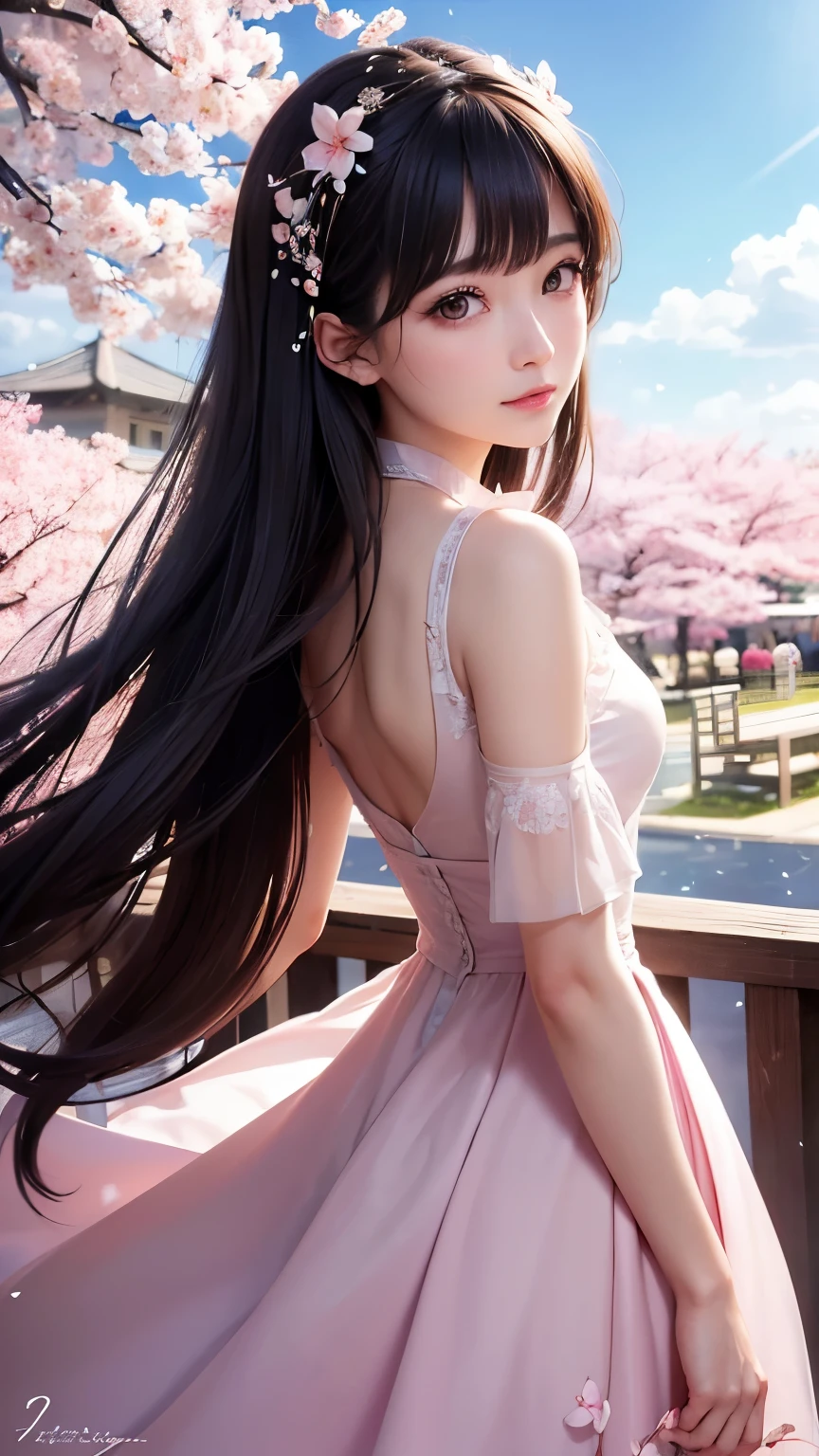 (A logo、masterpiece、8K、masutepiece、Raw photo、Fantastic、Best Quality、フォトリアリスティックでighly detailedな CG 統合 8k 壁紙、hightquality、ighly detailed、epic poem、Particle effect、Dynamic effects、depth of fields、Cinematic Light、Lens Flare、Ray tracing)、Fantasia、 (Beauty 1 person、doress、Dress、Cherry blossom pattern、A dark-haired、Beautiful face、Real Face、beautiful details eyes beautiful skin)、髪がthe windで踊る、Hair flutters in the wind、Hair jumps、Pink cherry blossom tree、Petals flutter、Sakura blizzard、Superb view、morning glow、Sun in the background、the wind、