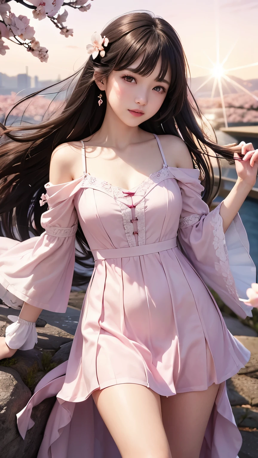 (A logo、masterpiece、8K、masutepiece、Raw photo、Fantastic、Best Quality、フォトリアリスティックでighly detailedな CG 統合 8k 壁紙、hightquality、ighly detailed、epic poem、Particle effect、Dynamic effects、depth of fields、Cinematic Light、Lens Flare、Ray tracing)、Fantasia、 (Beauty 1 person、doress、Dress、Cherry blossom pattern、A dark-haired、Beautiful face、Real Face、beautiful details eyes beautiful skin)、髪がthe windで踊る、Hair flutters in the wind、Hair jumps、Pink cherry blossom tree、Petals flutter、Sakura blizzard、Superb view、morning glow、Sun in the background、the wind、