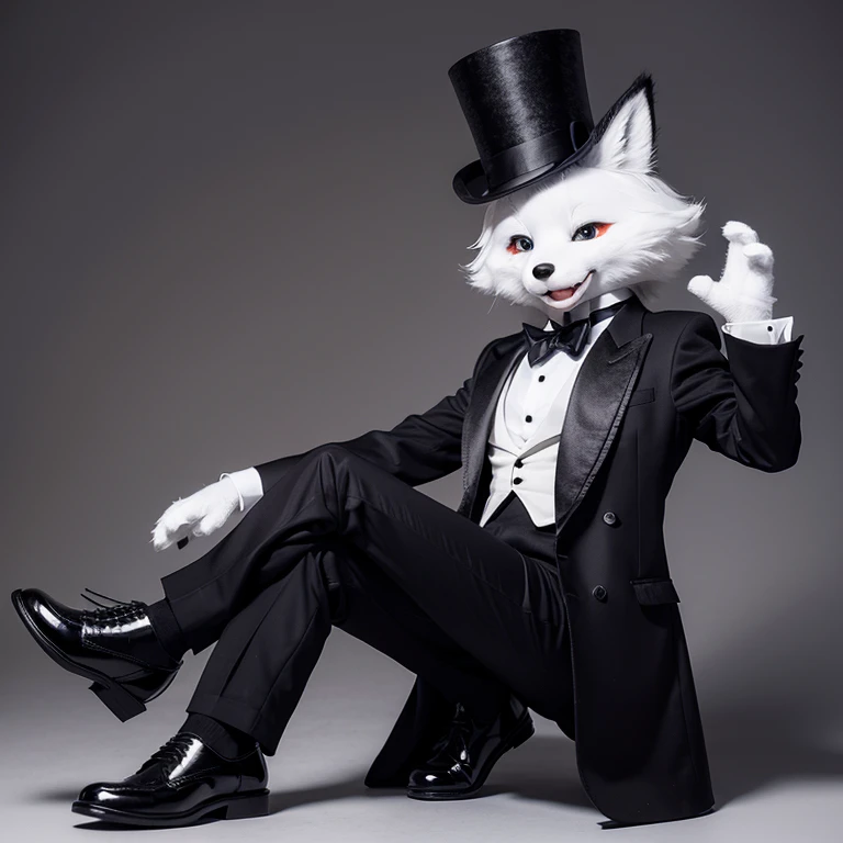 Handsome fox railway manager,Fury,With a top hat,White hair,Fluffy tail,with black tie,Wearing a black tuxedo,Gray pantlack leather shoes