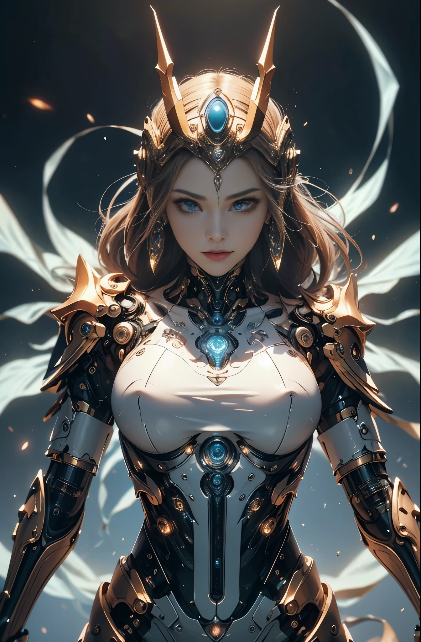 intricate ornate anime cgi style, super detailed fantasy characters, 4K highly detailed digital art, karol bak uhd, cyborg goddess in cosmos, beautiful digital works of art, 2. 5 d cgi anime fantasy artwork, Goddess. extremely high detail, portrait of cyborg queen, extremely detailed goddess shot, Half body machine, Inorganic, Next generation high performance cyborg, Goddess of Machines, The perfect cyborg, ultimate replicant, A masterpiece created by ultra-high performance AI, Final weapon, Best Quality, Perfect Angle, perfect-composition, sharp outline, Best Shots, perfect shapes, perfect model style, Very beautiful and detailed eyes, Hollow eyes, blue eyes without pupils