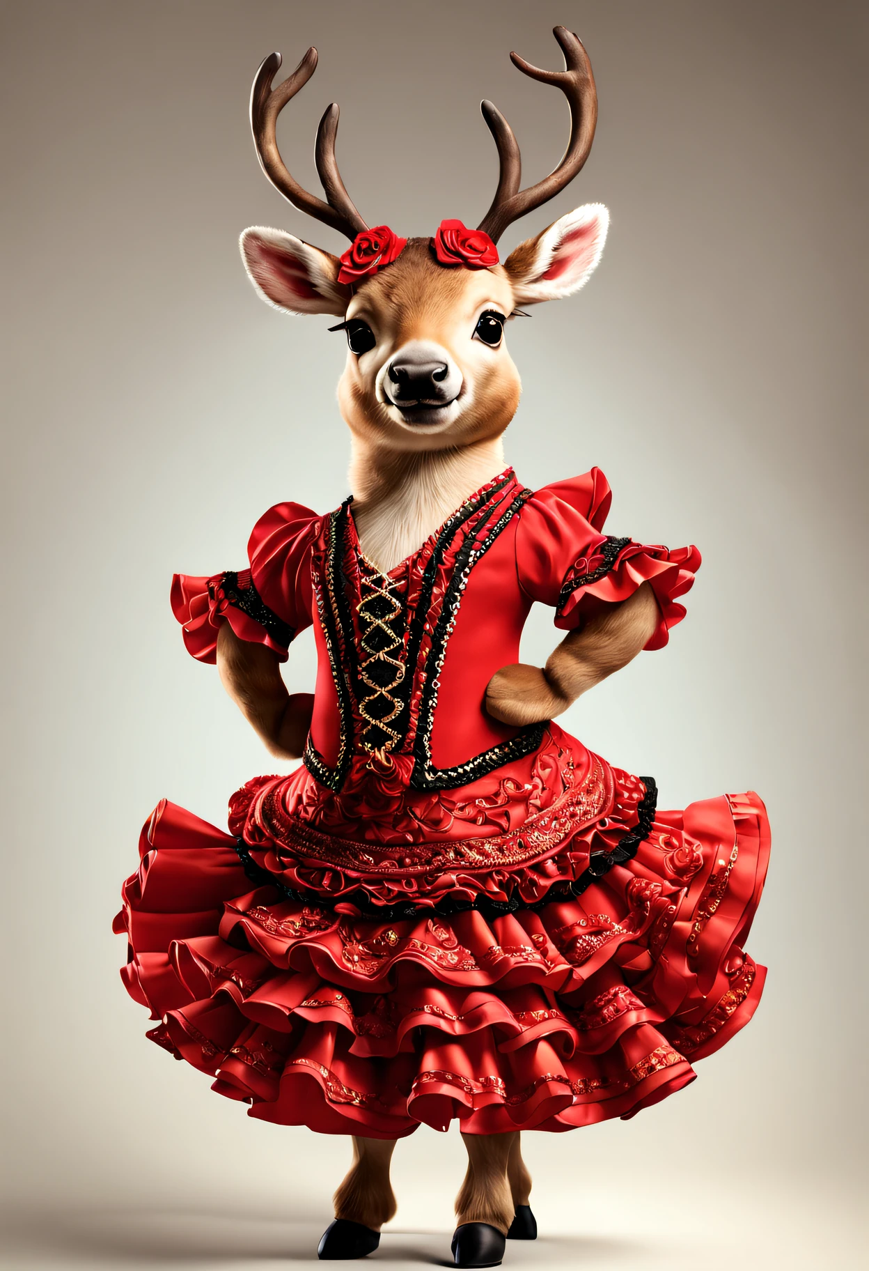 photorealistic portrait of Dressed animals - a fat baby reindeer flamenco dancer, large head,(flamenco action posing), high quality,(lovely) ,intricate details, highly detailed ((flamenco costume)) ,highly detailed dress,, (happy), studio lighting,(full body image:1.5)