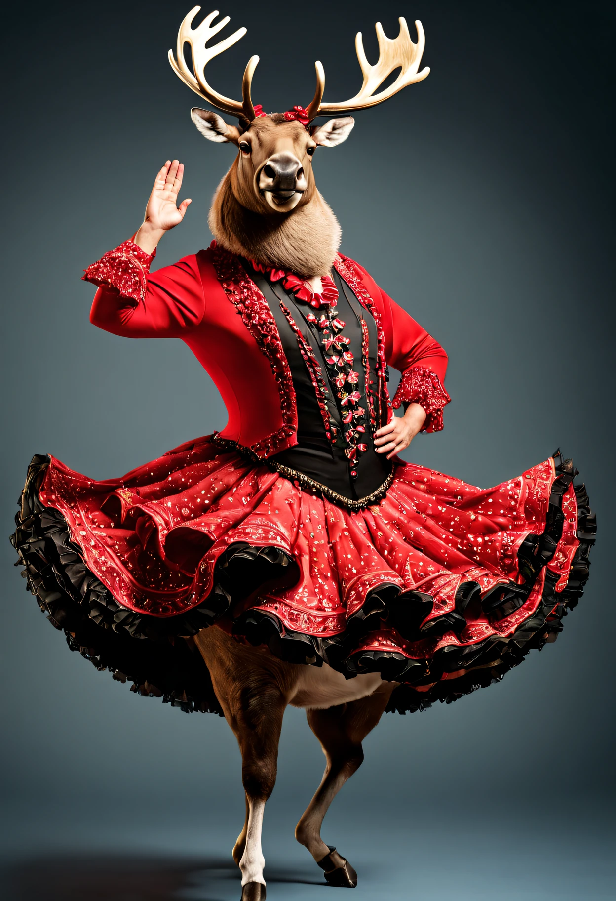photorealistic portrait of Dressed animals - a fat moose reindeer flamenco dancer, large head,(flamenco action posing),  high quality,(lovely) ,intricate details, highly detailed ((flamenco costume)) ,highly detailed dress,, (happy), studio lighting,(full body image:1.5)