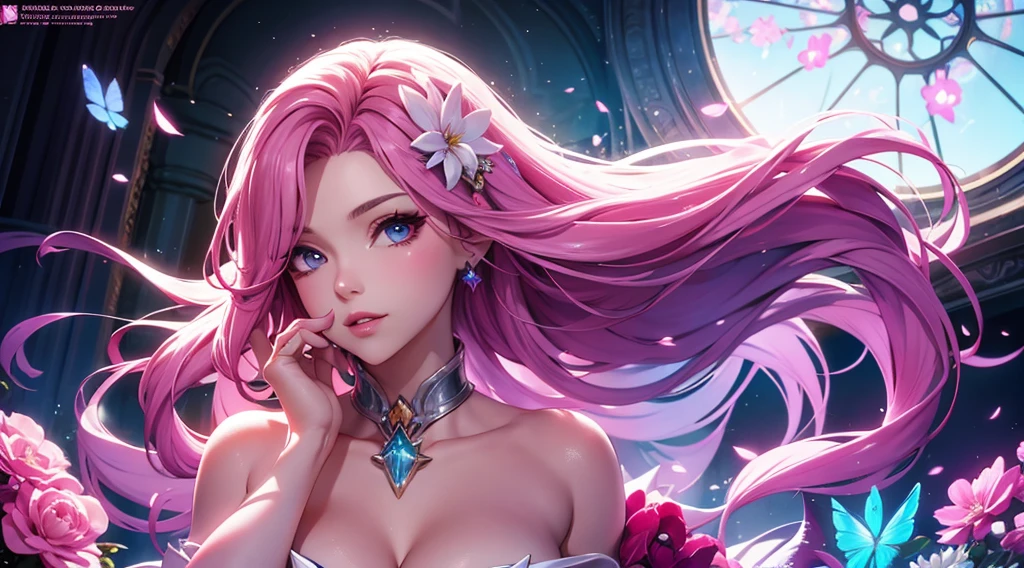 seraphine1, league of legends, pink hair, cleavage, digital illustration, vibrant colors, soft lighting, glowing effects, perfect face, glowing effects, absurdres, ultrasharp, 8K, long hair, bride dress, flowers, sakura flowers, holy window