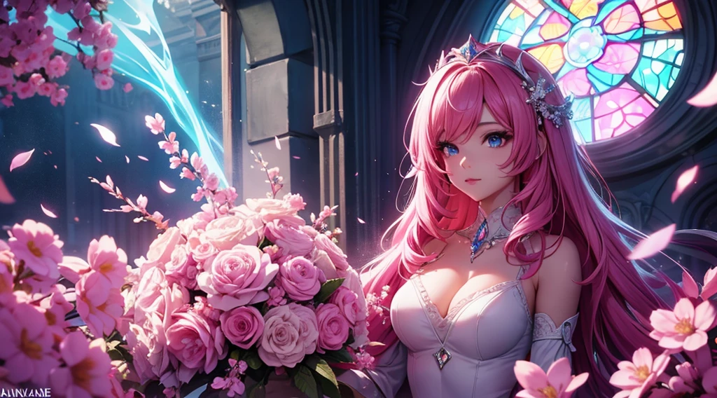 seraphine1, league of legends, pink hair, cleavage, digital illustration, vibrant colors, soft lighting, glowing effects, perfect face, glowing effects, absurdres, ultrasharp, 8K, long hair, bride dress, flowers, sakura flowers, holy window