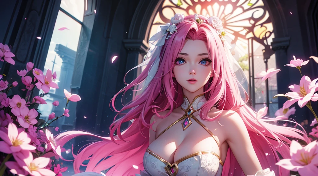 seraphine1, league of legends, pink hair, cleavage, digital illustration, vibrant colors, soft lighting, glowing effects, perfect face, glowing effects, absurdres, ultrasharp, 8K, long hair, bride dress, flowers, sakura flowers, holy window