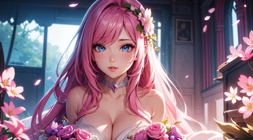 seraphine1, league of legends, pink hair, cleavage, digital illustration, vibrant colors, soft lighting, glowing effects, perfect face, glowing effects, absurdres, ultrasharp, 8K, long hair, bride dress, flowers, sakura flowers, holy window