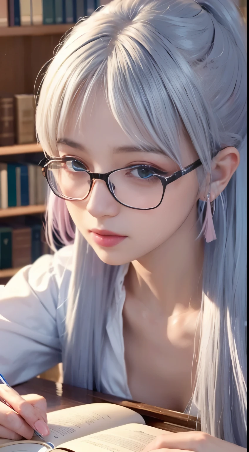 Best quality at best at best，tmasterpiece，Extremely Delicately Beautiful，The content is very detailed，CG，gatherings，8k wallpaper，An Astonishing，depth of fields，A -yeld Chse girl，Very cute look，delicate skin，Flawless Face，plain face，white color hair，Long gray hair，high ponytails，There are two strands of white hair on both sides of the ears，Wear pink hair accessories，Eye color is sea blue，Elaborate Eyes，Wear half-rimmed glasses, sparkle in eyes，thinking face （Wear an open-button shirt, Small，Bare-chest）, sitting down, Learn，intermittently, lying on the table, get a pencil, opened book, glass of milk, table light, during night，In the library, Wall decoration, Mini library, glass window, wall clock, intermittently, 电影灯光, realistically, tmasterpiece, Best quality at best, Complex CG, The face is very detailed, High detail eyes