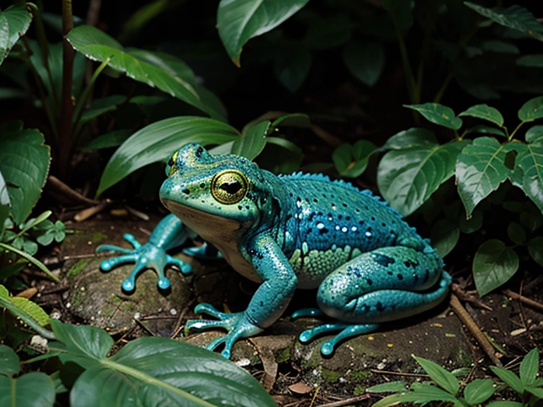 amphibian colored blue and yellow amidst vegetation