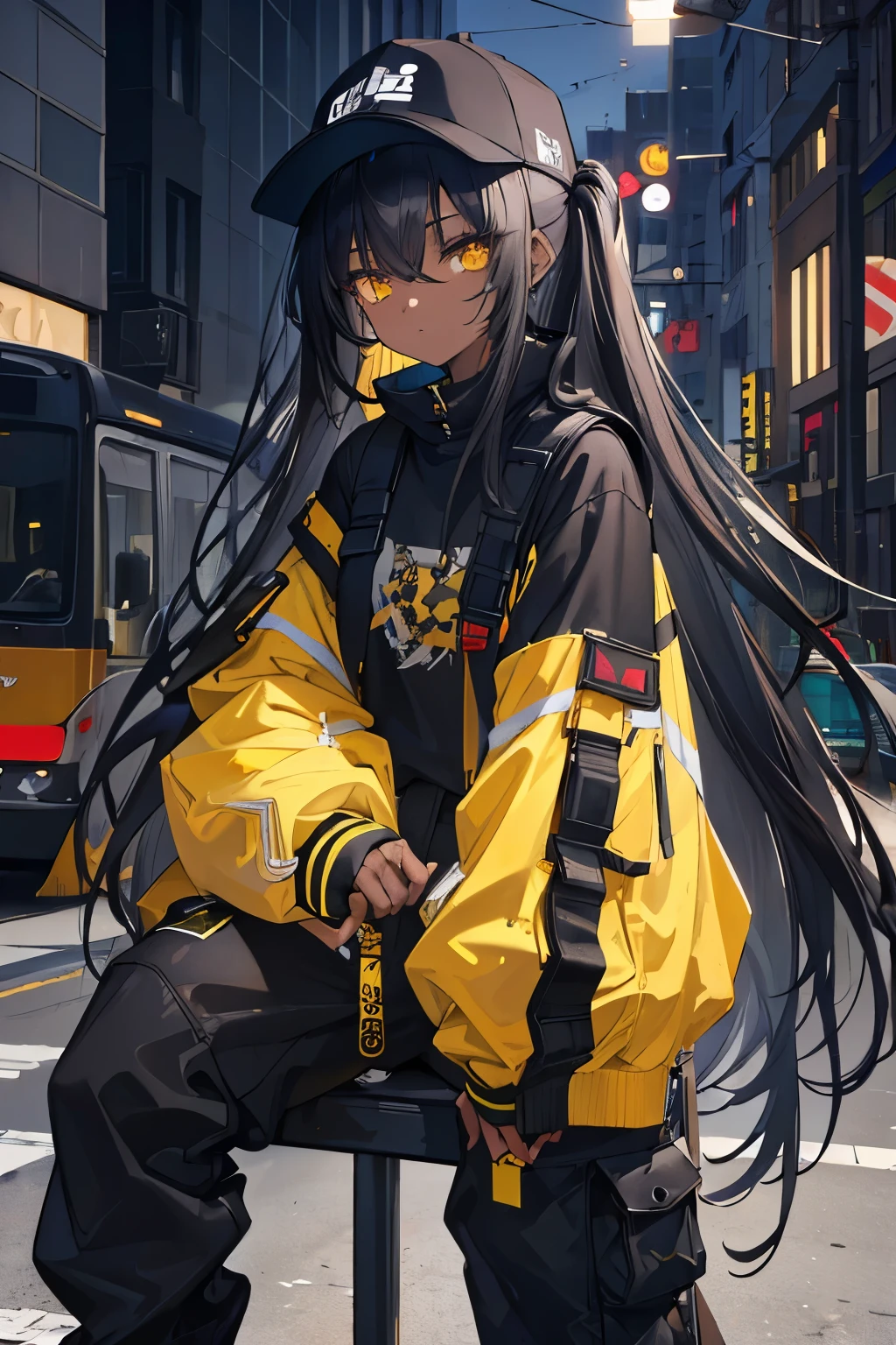 (masterpiece:1.4), 1girl, Streetwear,cargo pants, street, (masterpiece, best quality, highres, ultra detailed ), night, depth of field, absurdreasterpiece:1.4), ultra-detailed, 1girl, dark-skinned, stand up, black and yellow, long black wildly hair with white streaks, clear eyes and face